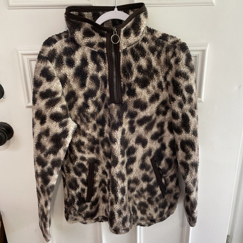 Cozy Sherpa M Pullover Brown Jacket Half Front Zipper And Pocket Hem Rounded